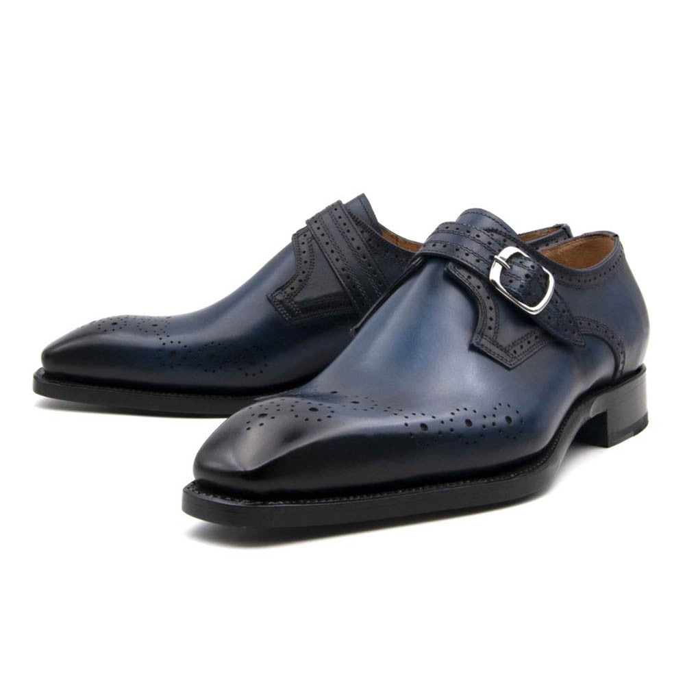 Ugo Vasare Eric Sapphire Blue Calfskin Leather Monk Strap Mens Slip On Loafer