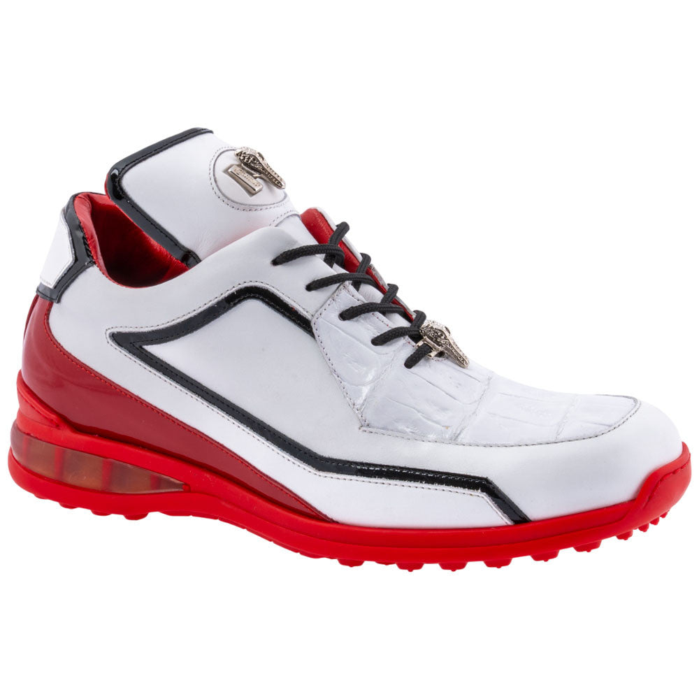 MAURI Shoes Men’s Boost Sneaker White Calfskin, Baby Crocodile & Patent Leather Luxury Sneakers