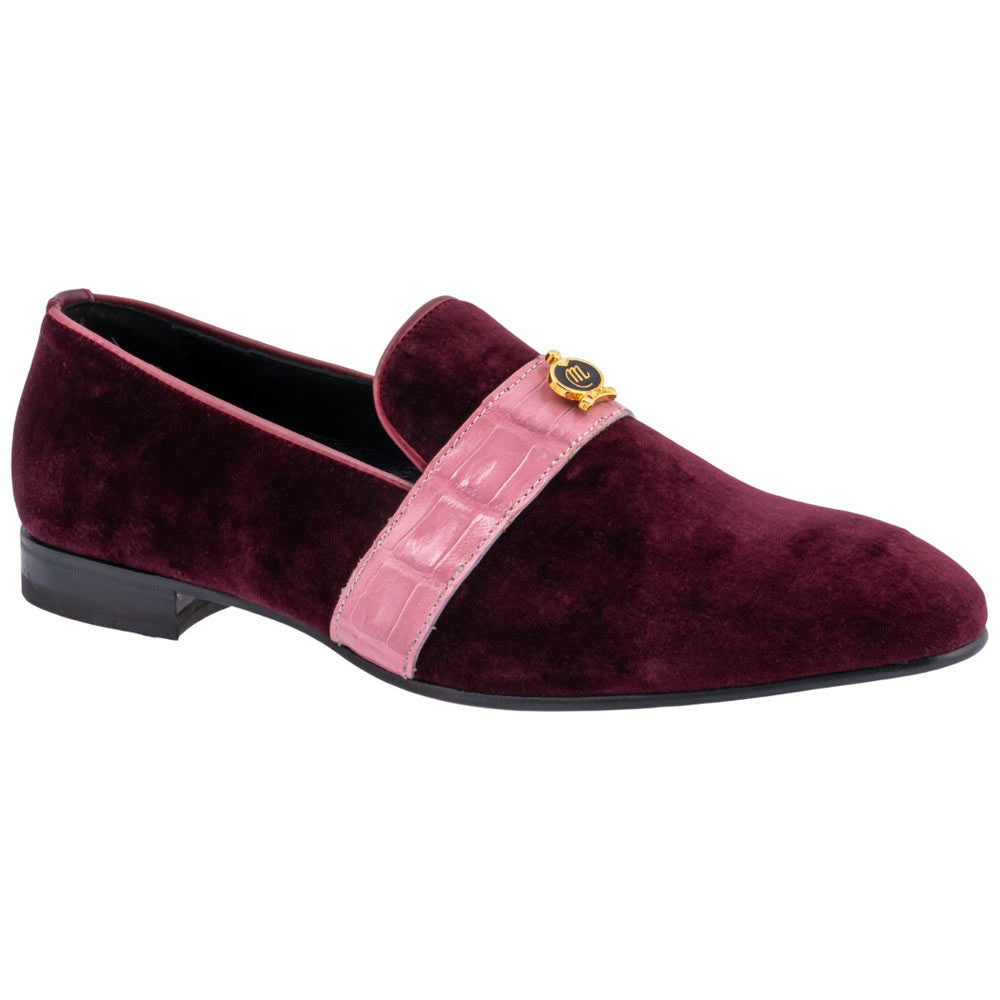 MAURI Shoes Men’s Velvet Slip-On Ruby Red Pink Baby Crocodile Leather Strip Moc Toe Luxury Dress Loafers