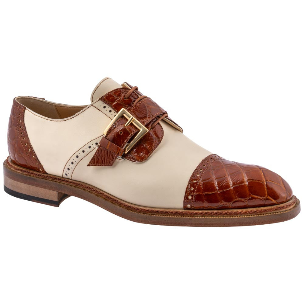 MAURI Shoes Men’s Flawless Cognac Cream Alligator & Calfskin Leather Cap Toe Monk Strap Derby Luxury Dress Shoes