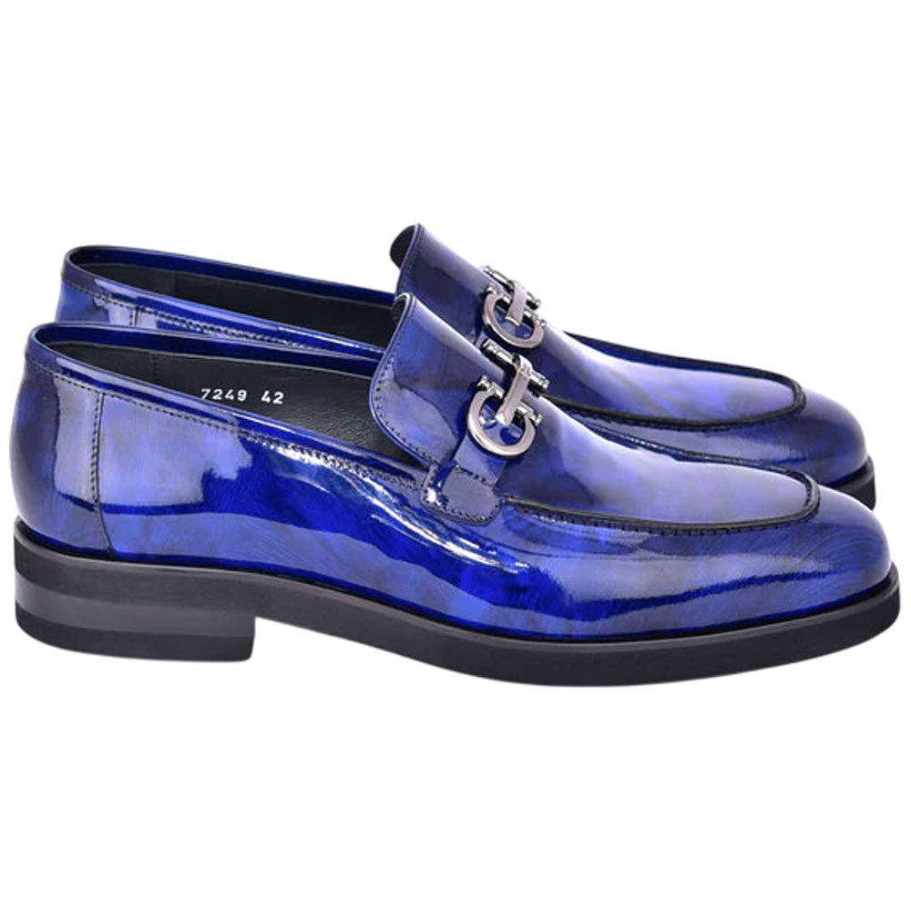 Corrente Men’s Glossy Finish Marble Blue Low Cut Buckle Round Toe Loafer