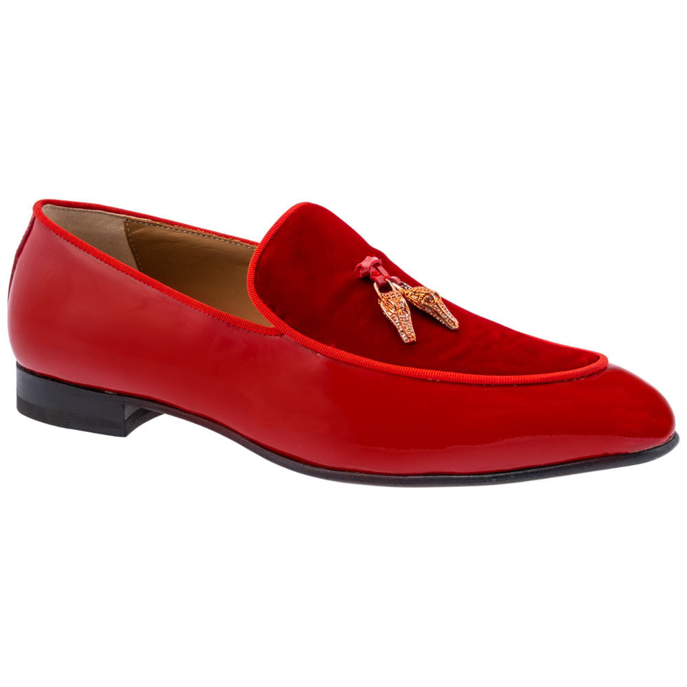 MAURI Shoes Men’s Bliss Red Patent Leather & Velvet Tassel Moc Toe Luxury Dress Loafers