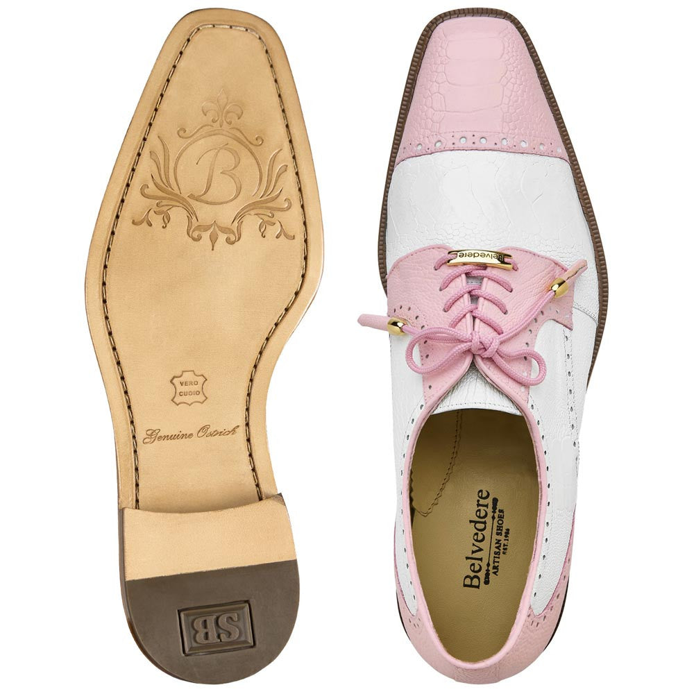 Belvedere Men’s Batta Genuine Ostrich Leg Pink & White Cap Toe Lace-Up Derby Shoes