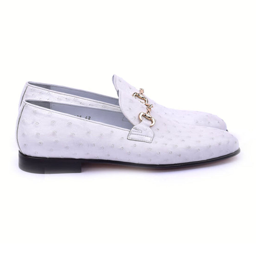 CORRENTE Genuine Ostrich Leather Round Toe Horse Bit White Loafer
