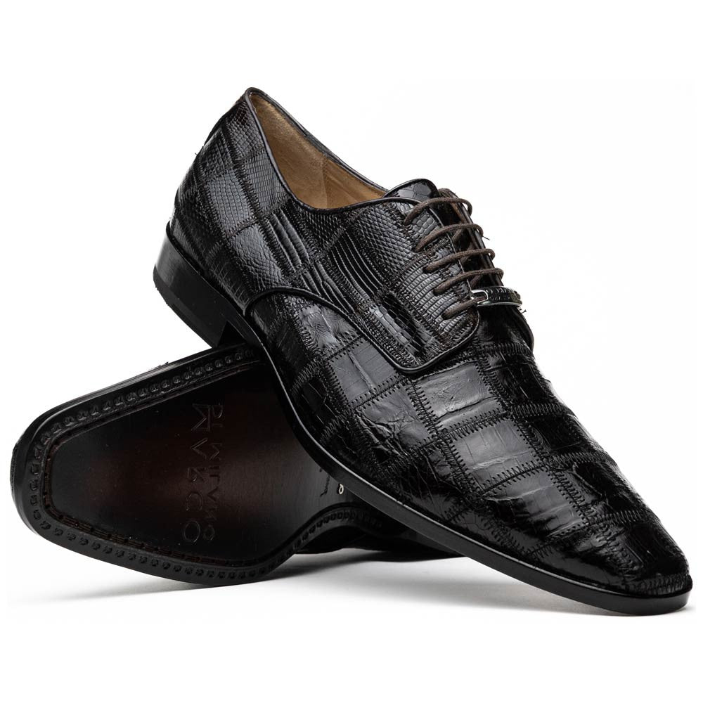 Pissa Brown Men's Genuine Crocodile and Lizard Skin Patchwork Derby