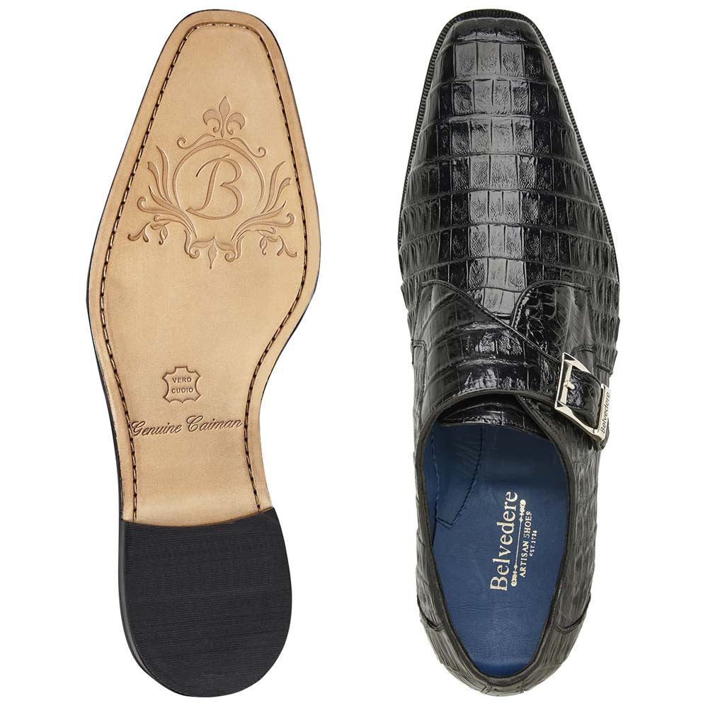 Belvedere Angelo Genuine Caiman Crocodile Skin Monk Strap Shoes (USA Men Size)
