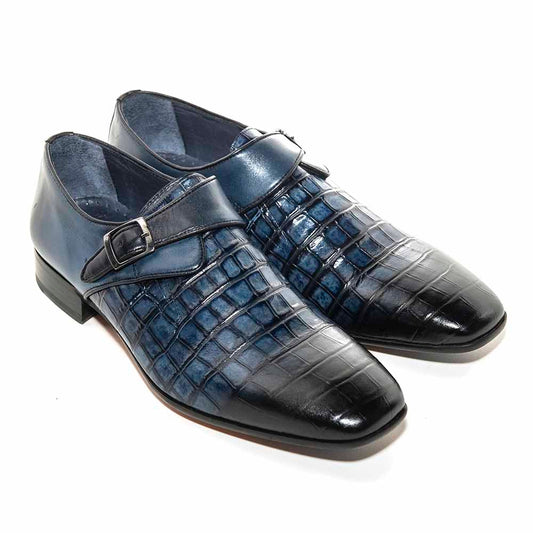 SIGOTTO Uomo Navy Blue Crocodile Buckle Monk Shoes