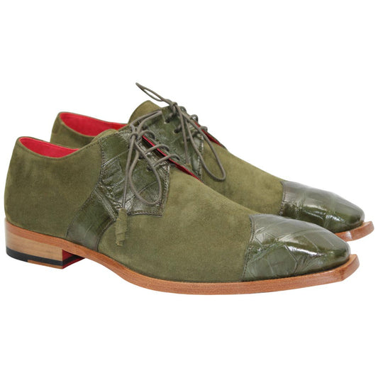 Fennix of Italy Alligator Skin & Suede LANDON Olive Trendy Shoes (USA Men Size)
