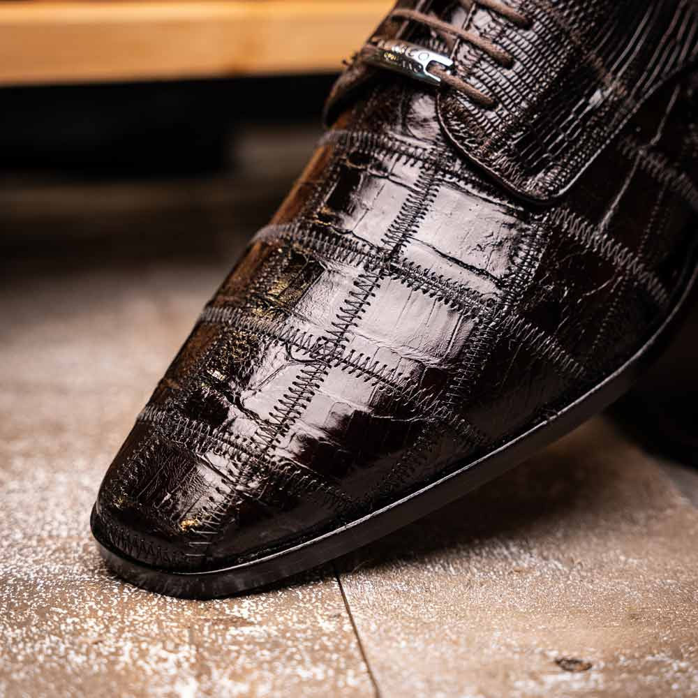 Pissa Brown Men's Genuine Crocodile and Lizard Skin Patchwork Derby