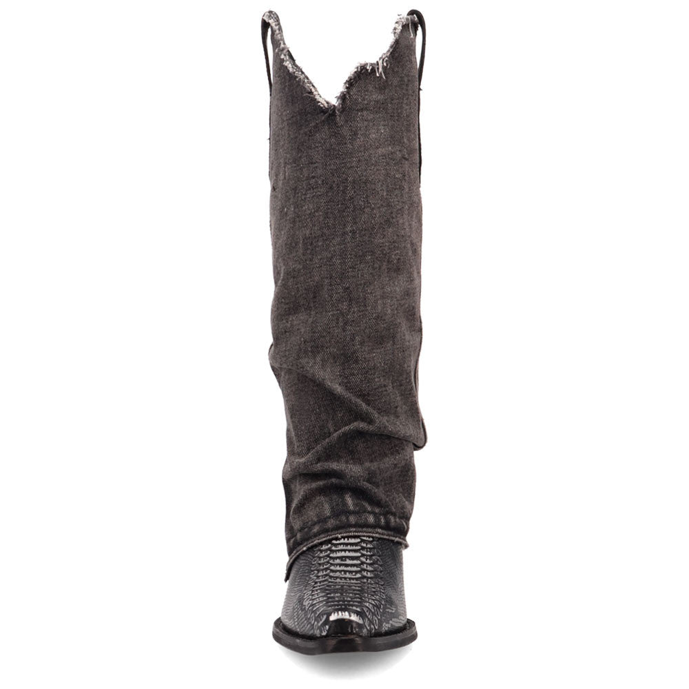 Shabby Black Leather Denim Fold-Over Animal Print Snip Toe Women Boot | Dingo Western Cowgirl Boots