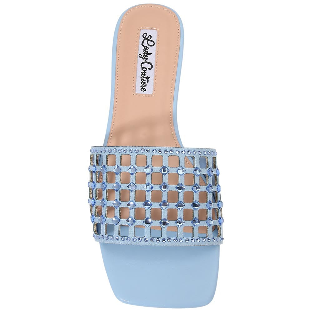 Lady Couture Women's Garden Blue Geometric Crystal Flat Slide Sandals