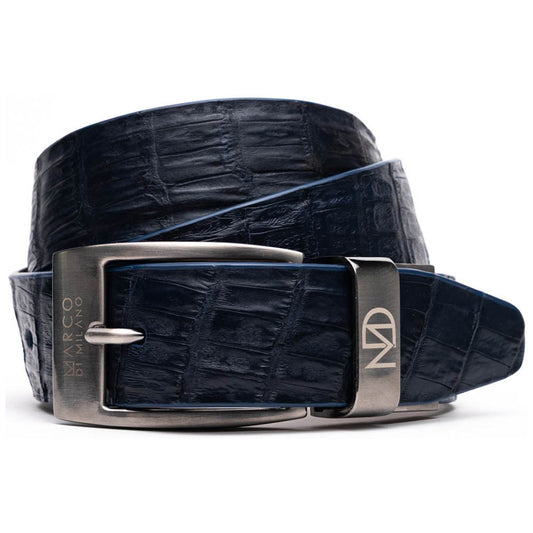 Riccardo Genuine Exotic Caiman Fuscus-Belly Navy Belt with a Chrome Buckle | Marco Di Milano Exotic Belt