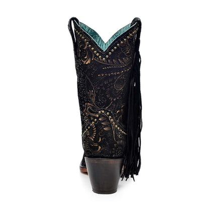 Corral Gold Floral Suede Studs & Fringe Ankle Boots