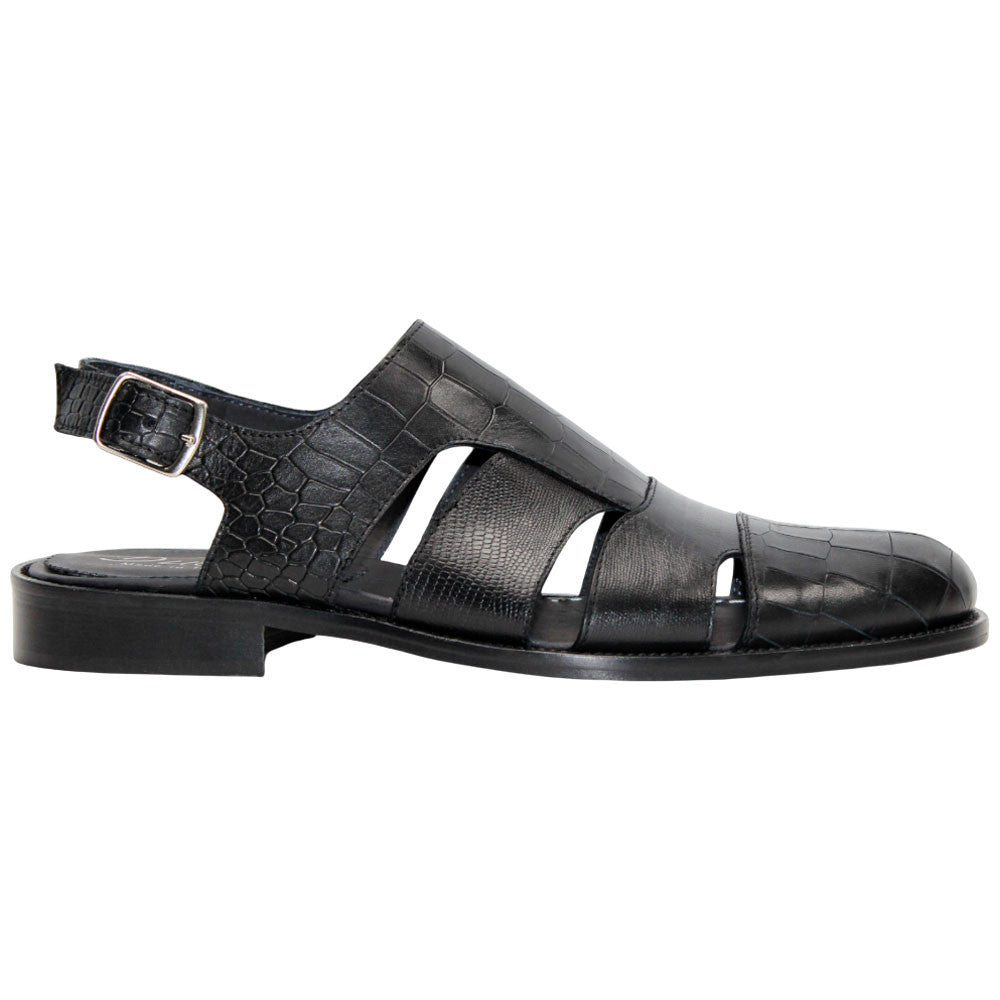 Positano Black Calfskin Crocodile Print Leather Sandal | Duca Dress Sandals