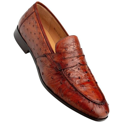 Mezlan Nogales Moc Toe Brandy Ostrich Leather Penny Loafer Dress Shoes