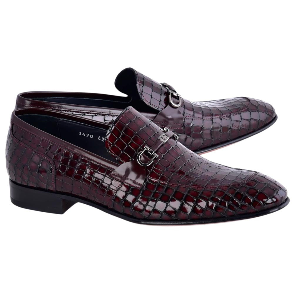 Corrente Men's Crocodile Print Leather Bit Loafer - Burgundy