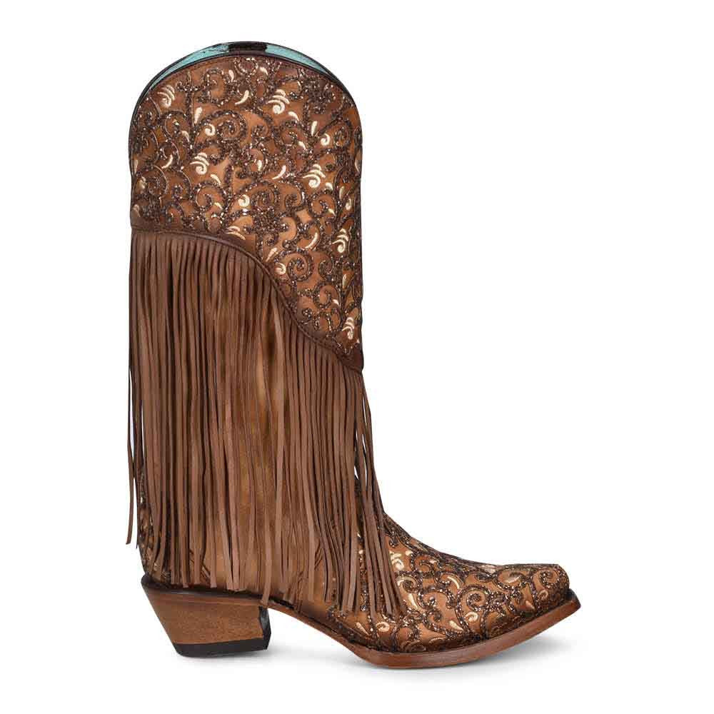 Corral Bone Honey and Lamb Overlay embroidered Fringe leather boots