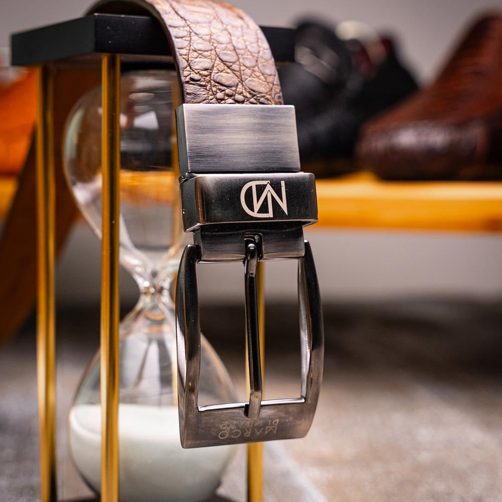 Silvio Genuine Caiman Fuscus-Back Washed Brown Belt with a Silver Buckle | Marco Di Milano Exotic Belt
