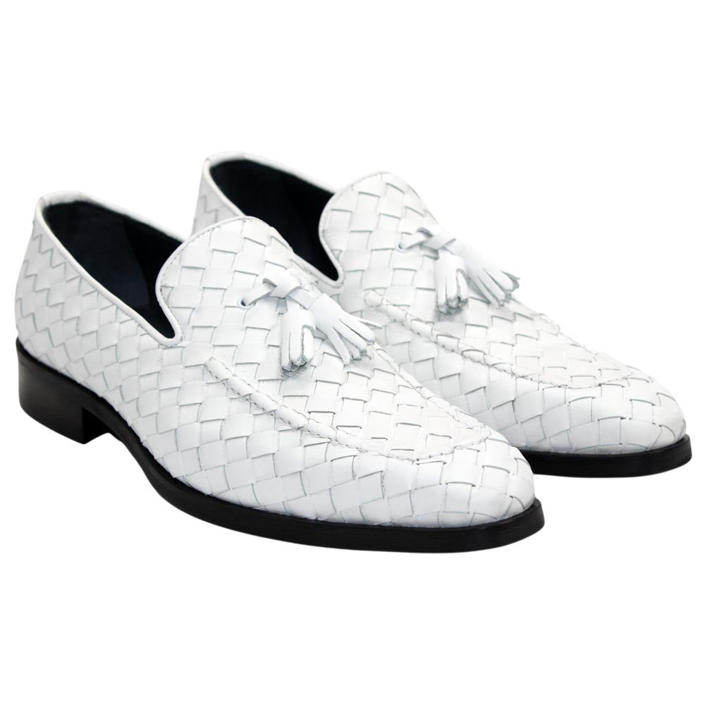 DUCA Tirrenea White Men's Italian Woven Leather Tassel Loafers