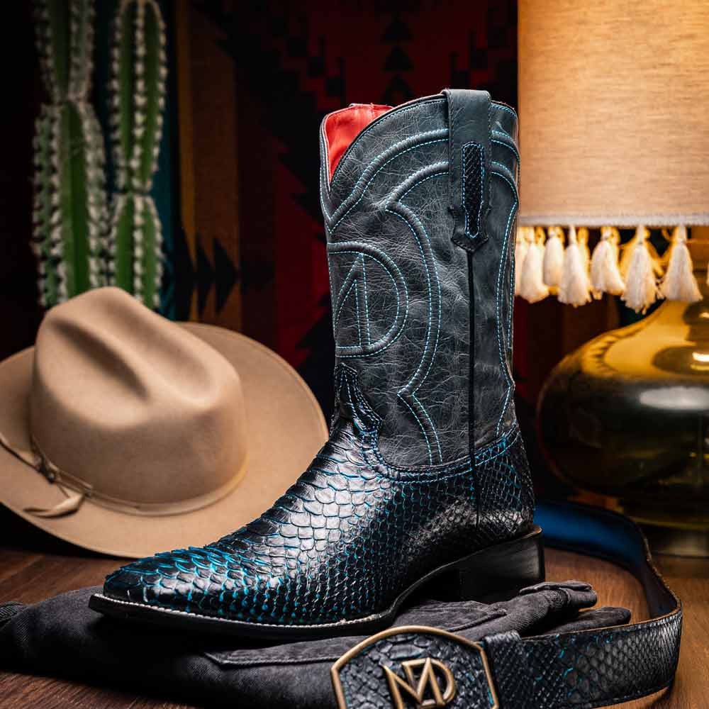 Missouri Genuine Python Skin Black and Blue Cowboy Boot | Marco Di Milano Western Boots