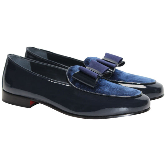 Amalfi Navy Velvet & Patent Leather Slip on | Duca Bow Dress Loafers