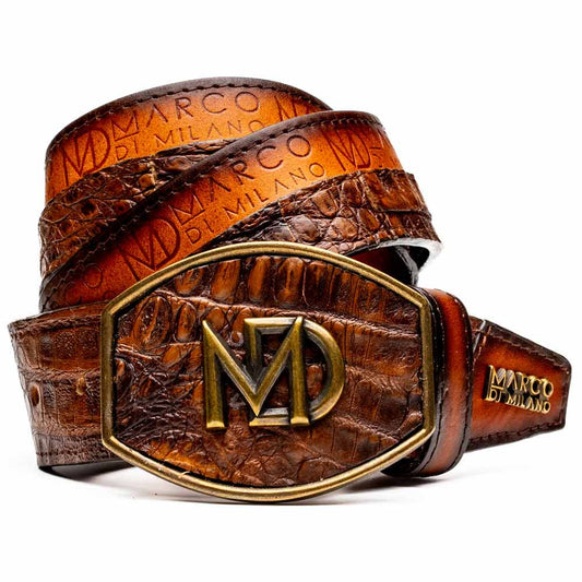 Texas Genuine Caiman Crocodile Skin Belt in Aged Maple with Antique Western Buckle | Marco Di Milano Exotic Belt