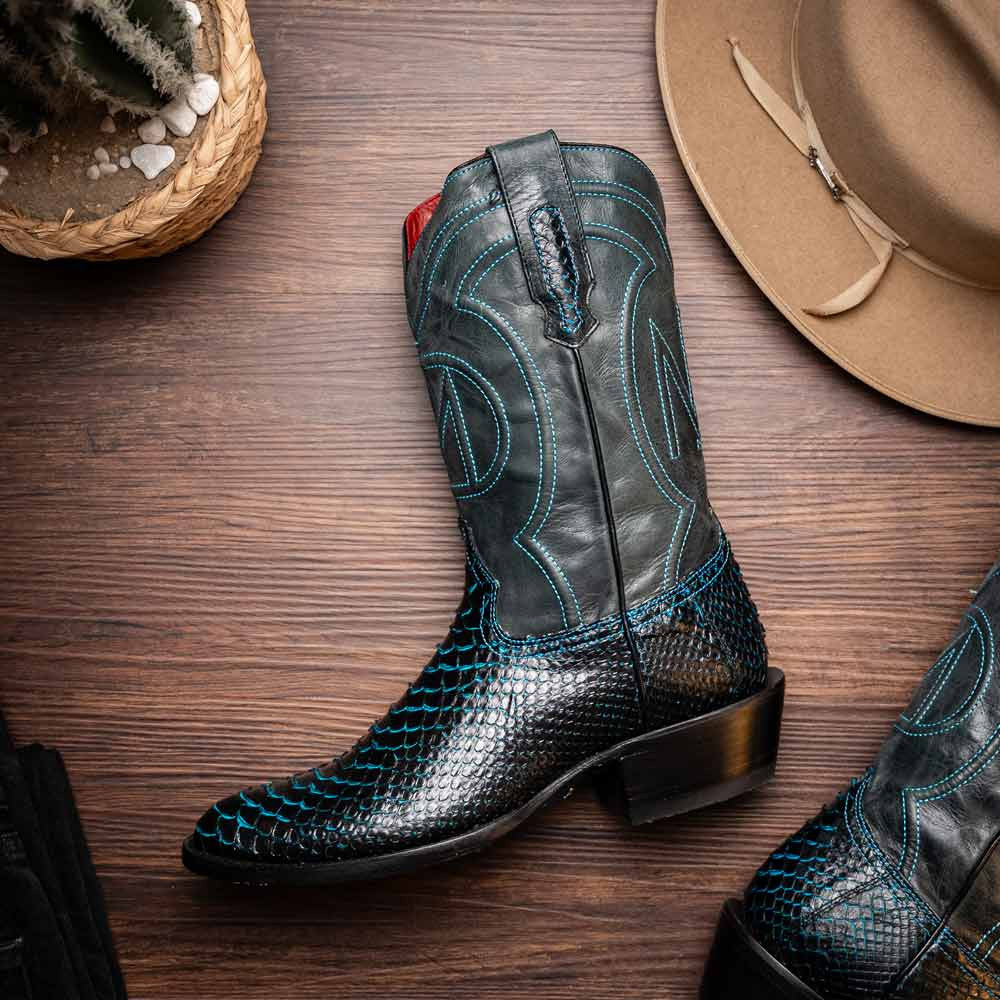 Kansas Genuine Python Skin Black/Blue Cowboy Boot | Marco Di Milano Western Boots