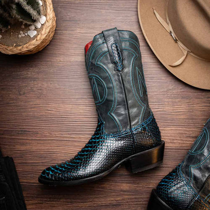 Kansas Genuine Python Skin Black/Blue Cowboy Boot | Marco Di Milano Western Boots