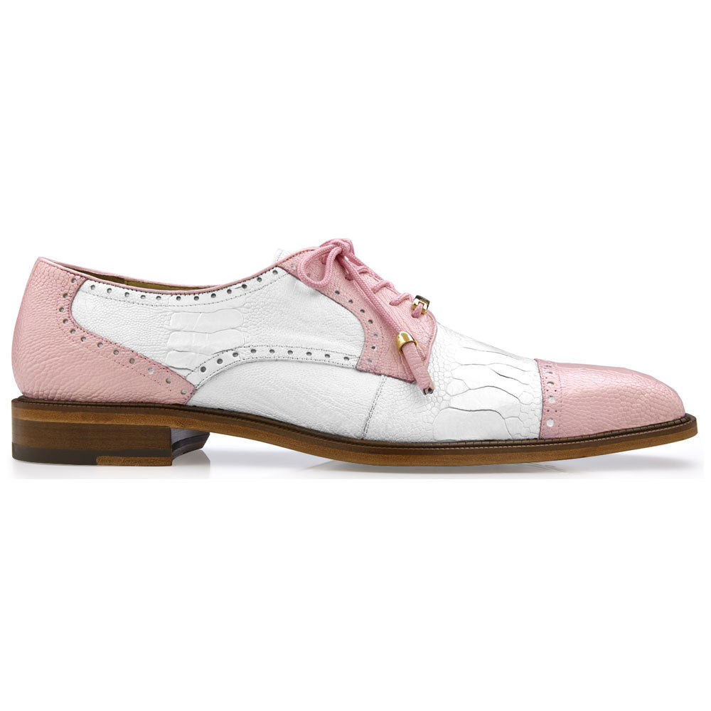 Belvedere Men’s Batta Genuine Ostrich Leg Pink & White Cap Toe Lace-Up Derby Shoes