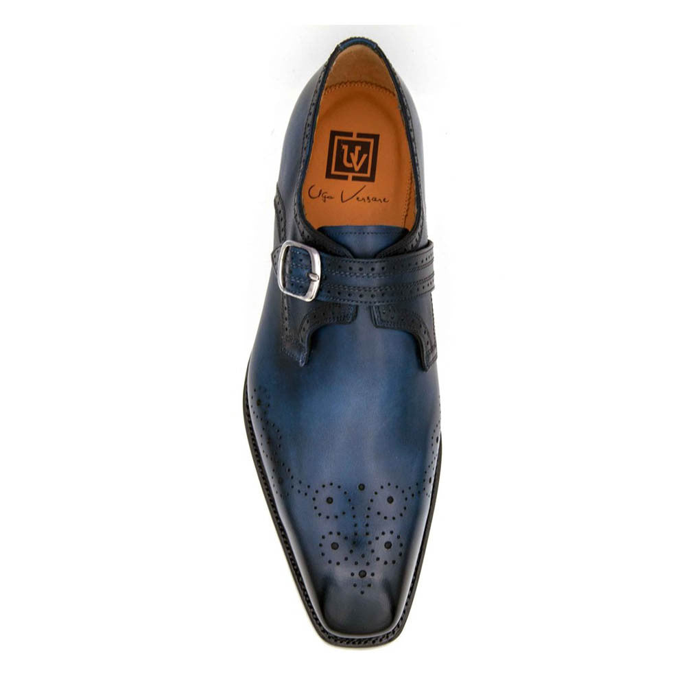 Ugo Vasare Eric Sapphire Blue Calfskin Leather Monk Strap Mens Slip On Loafer