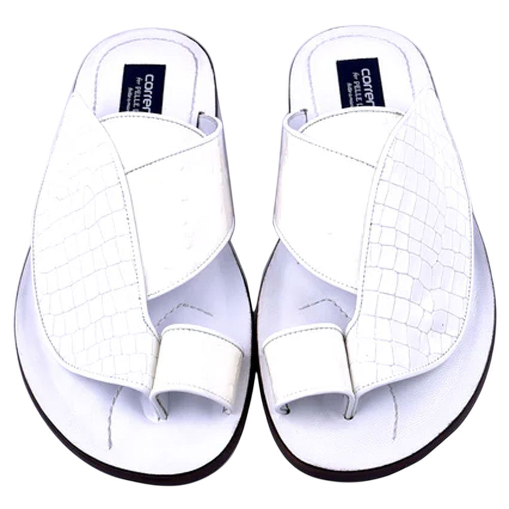 Corrente Men’s White Croco Print Ostrich Leather Open Toe Sandal