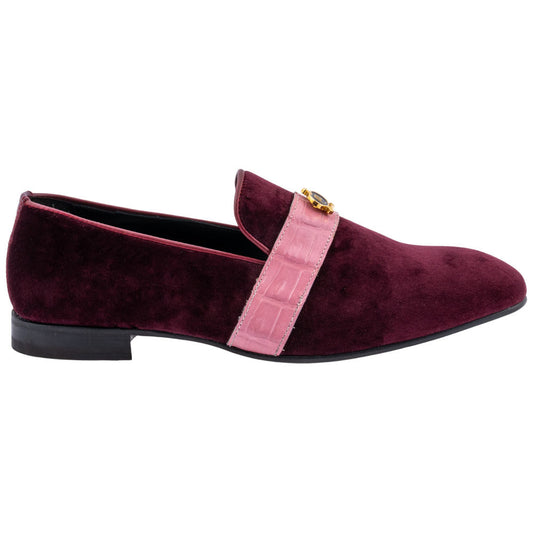 MAURI Shoes Men’s Velvet Slip-On Ruby Red Pink Baby Crocodile Leather Strip Moc Toe Luxury Dress Loafers