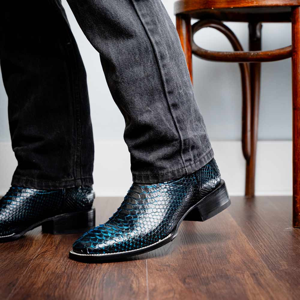 Missouri Genuine Python Skin Black and Blue Cowboy Boot | Marco Di Milano Western Boots