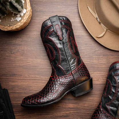 Kansas Genuine Python Skin Black Cherry Cowboy Boot | Marco Di Milano Western Boots