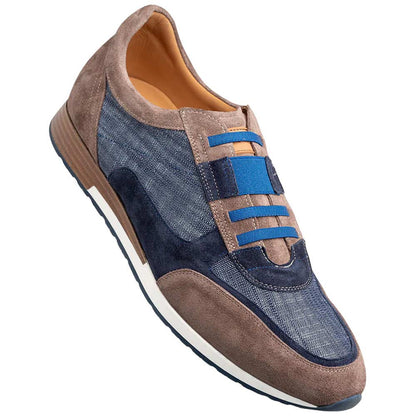 MEZLAN Men's Suede and Linen Laceless Taupe/Blue Loafer Caleta