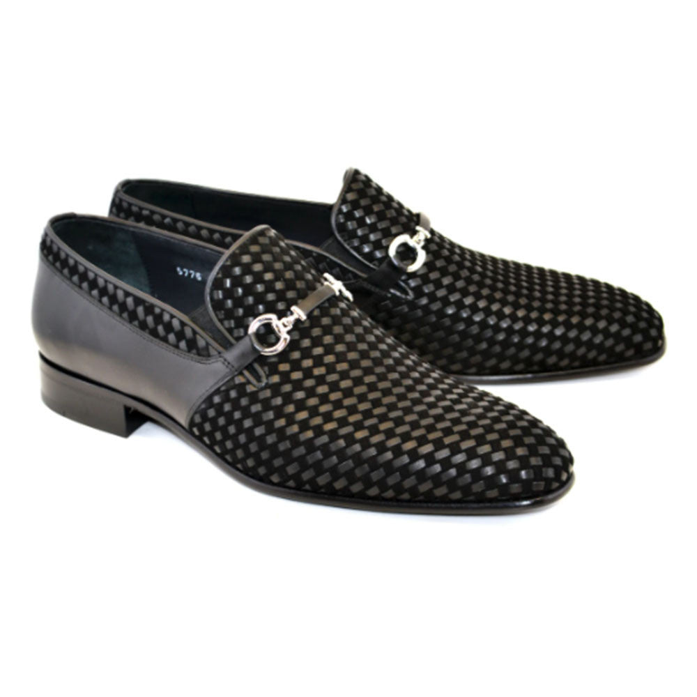 Corrente Men’s Black Handwoven Leather and Suede Slip-On