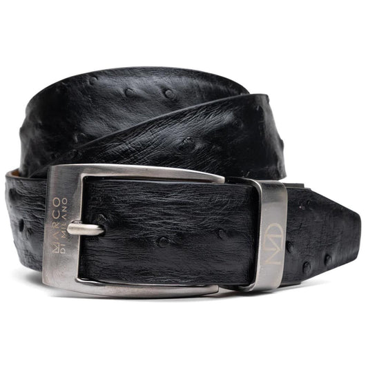 Domenico Men’s Genuine Exotic Ostrich Belts With Brushed Chrome Buckle | Marco Di Milano Exotic Belt in Black