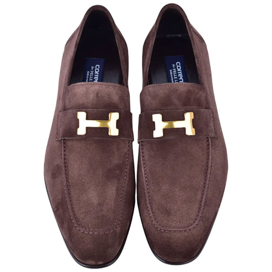CORRENTE Brown Suede Men's Loafers with Leather Sole H Buckle