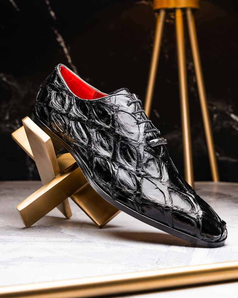 Marco Di Milano Olivieri Genuine Pirarucu Skin Black Tassel Oxford Shoes