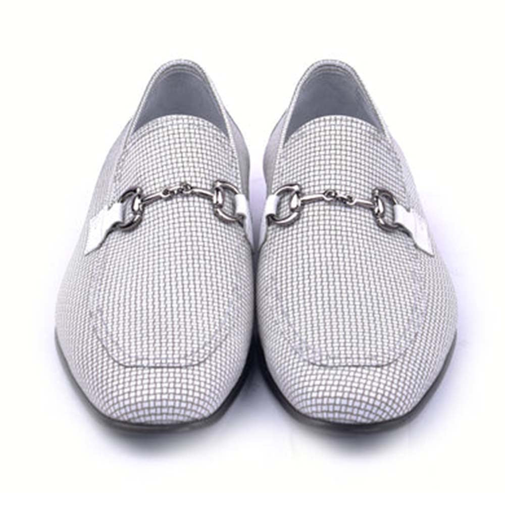 Corrente White Leather Silver Horse Bit Buckle Loafers for Men