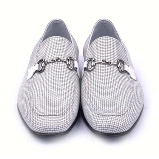 Corrente White Leather Silver Horse Bit Buckle Loafers for Men