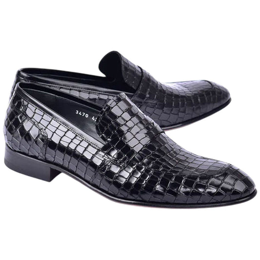 Corrente Men’s Crocodile Embossed Black Almond Toe Loafer