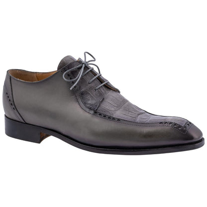 MAURI Shoes Men’s Derby Lace-Up Medium Grey Calfskin & Baby Crocodile Leather Luxury Dress Shoes