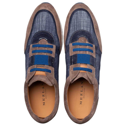 MEZLAN Men's Suede and Linen Laceless Taupe/Blue Loafer Caleta