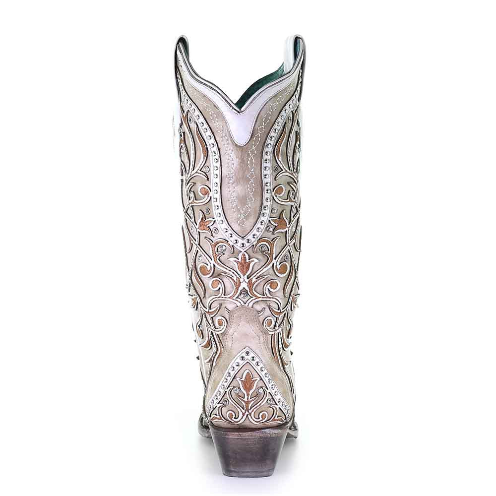 Corral White Overlay with Studs & Crystals Cowhide Leather Boots
