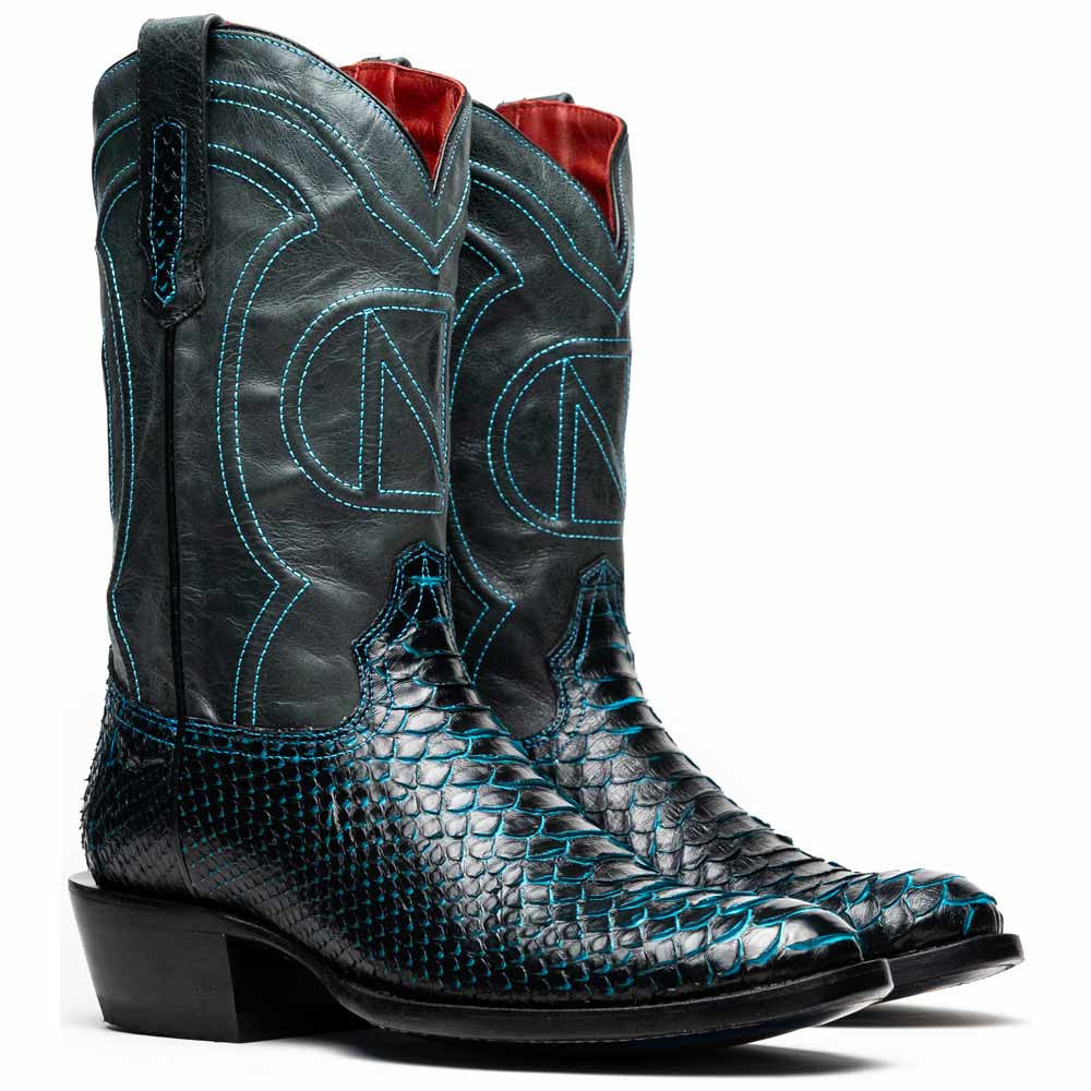 Kansas Genuine Python Skin Black/Blue Cowboy Boot | Marco Di Milano Western Boots