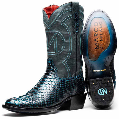 Kansas Genuine Python Skin Black/Blue Cowboy Boot | Marco Di Milano Western Boots