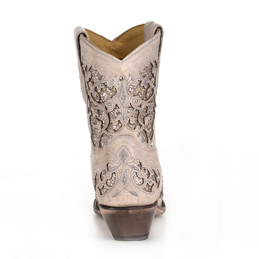 Corral Bone White Glitter Inlay and Crystals Ankle Boots