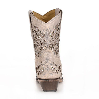 Corral Bone White Glitter Inlay and Crystals Ankle Boots