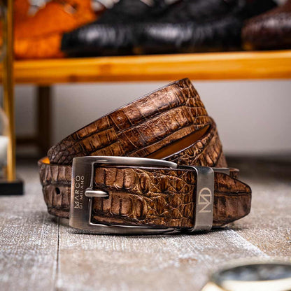 Silvio Genuine Caiman Fuscus-Back Washed Brown Belt with a Silver Buckle | Marco Di Milano Exotic Belt